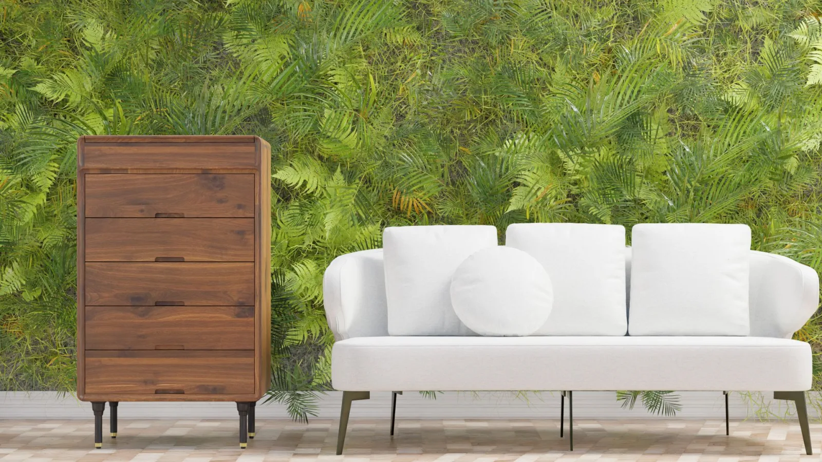 Artificial-style green living wall covering an interior feature wall behind a sofa
